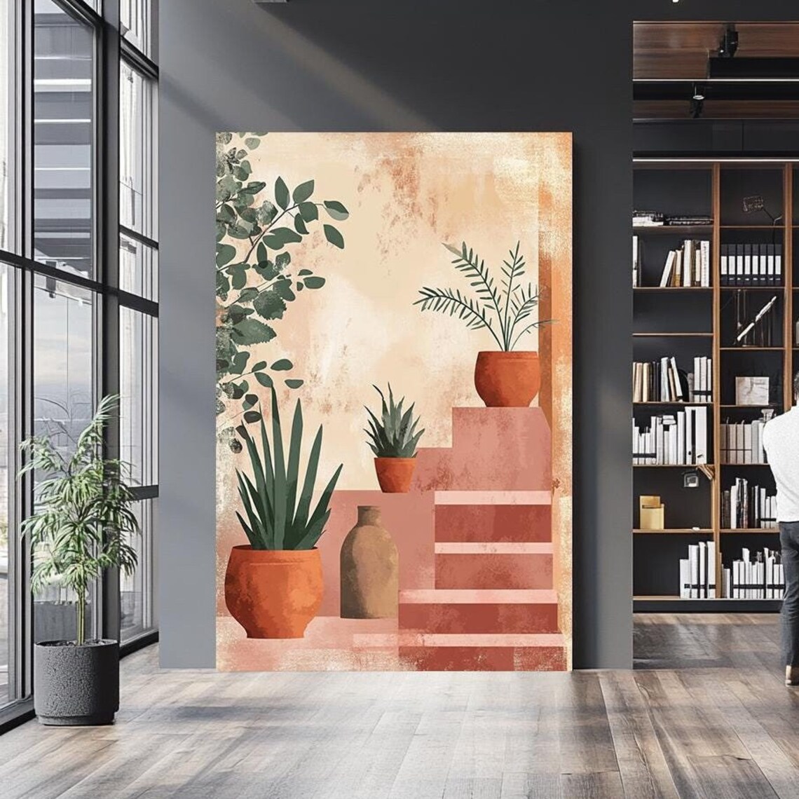 Terracotta Potted Plants Warm Botanical Illustration Stairs Art Poster