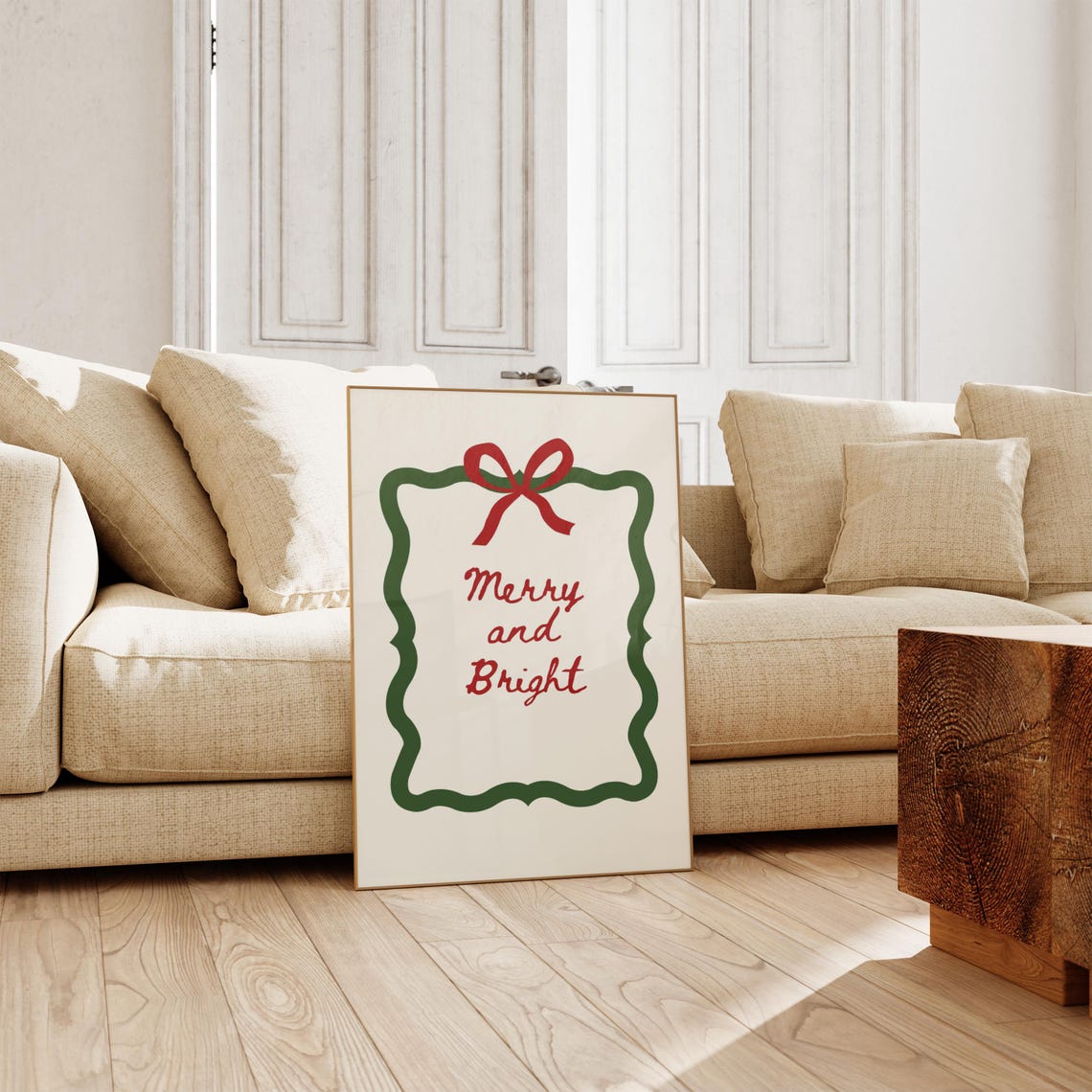 Merry and Bright Red Script Green Scalloped Frame Holiday Poster - Image 2
