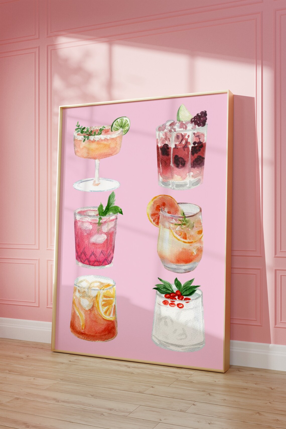 Pink Cute Watercolor Cocktail Collage Girly Bar Cart Wall Art - Image 4