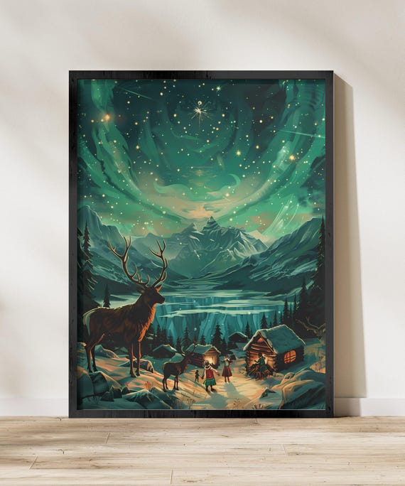 Alaska Northern Lights Wall Art Aurora Borealis Print Scenic Winter Wonderland Mountain Landscape Starry Night Sky Decor