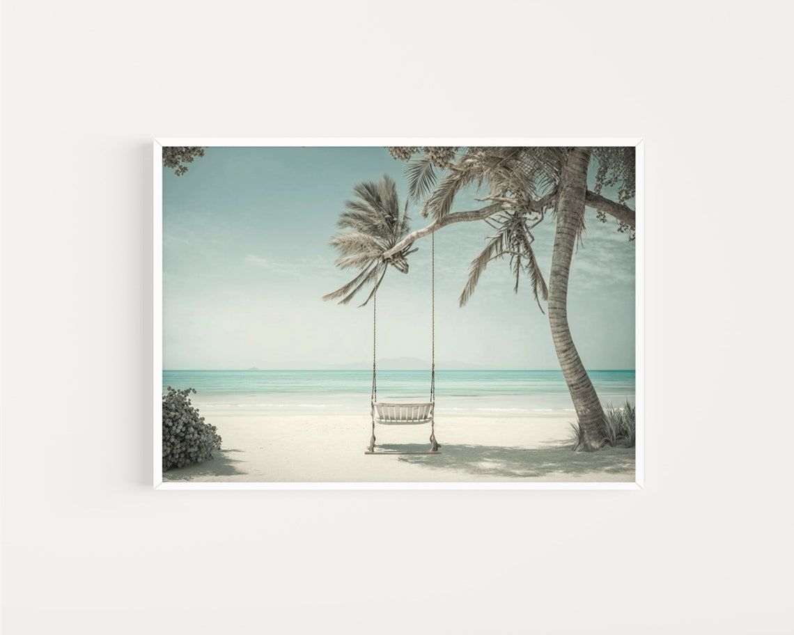 Tropical Palm Tree Beach Swing Over Turquoise Sea Daylight Poster - Image 2