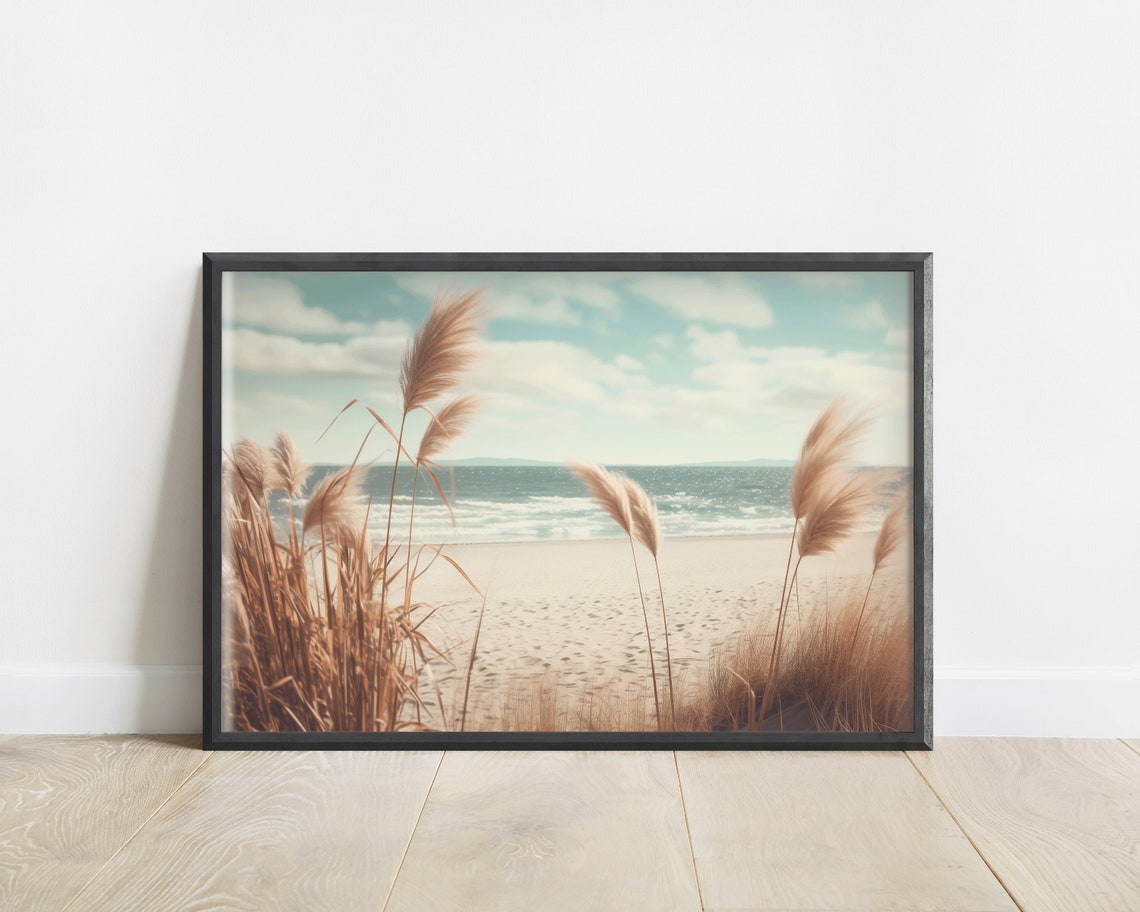 Golden Pampas Grass on Sandy Beach Overlooking Ocean Waves Poster - Image 3