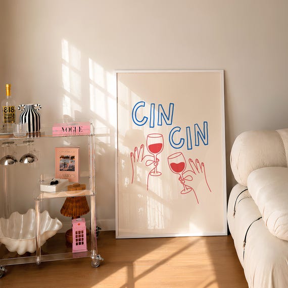 Cin Wine Print Bar Cart Decor Minimalistic Line Art Hand Illustrated Digital Download