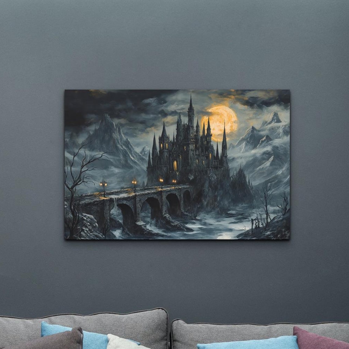 Moonlit Gothic Dracula Castle With Arched Lantern Bridge Poster