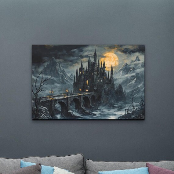 Moonlit Gothic Dracula Castle With Arched Lantern Bridge Poster