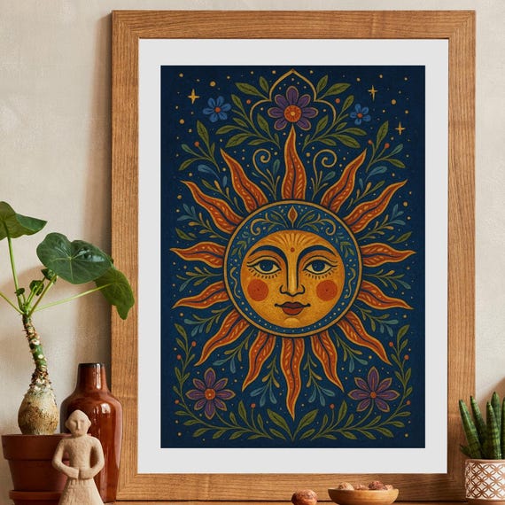 Sol Del Alma Mexican Folk Art Celestial Sun Boho Night Sky Print