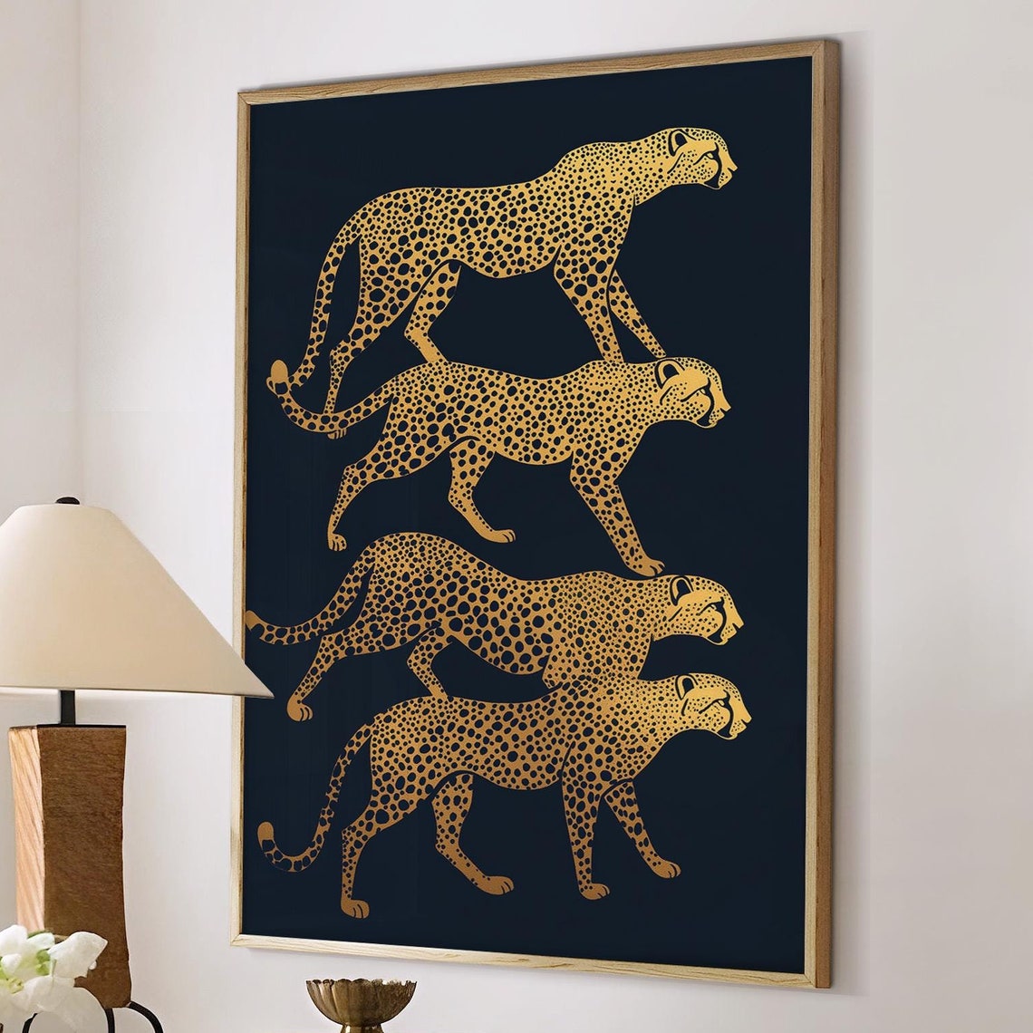 Four Gold Cheetahs Stacked On Black Graphic Safari Art Poster - Image 5