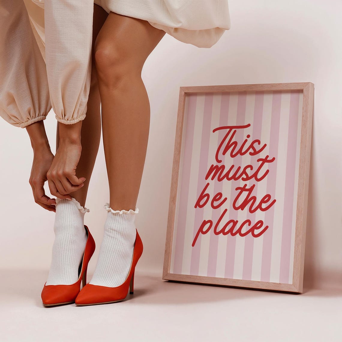 This Must Be The Place Red Script Blush Pink Striped Quote Poster