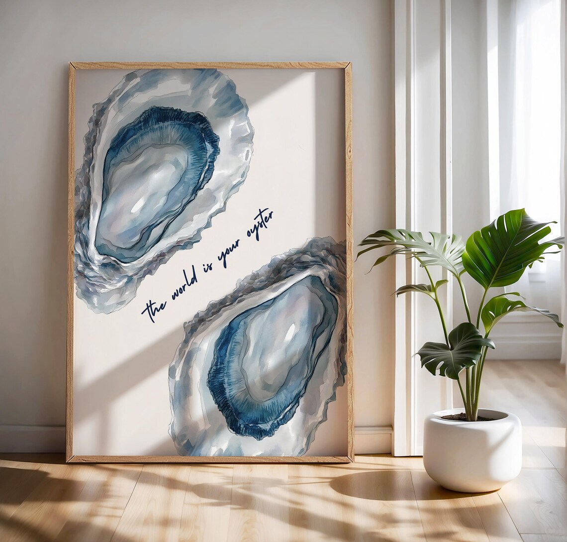 The World Is Your Oyster Watercolor Shell Quote Poster Coastal Art - Image 3