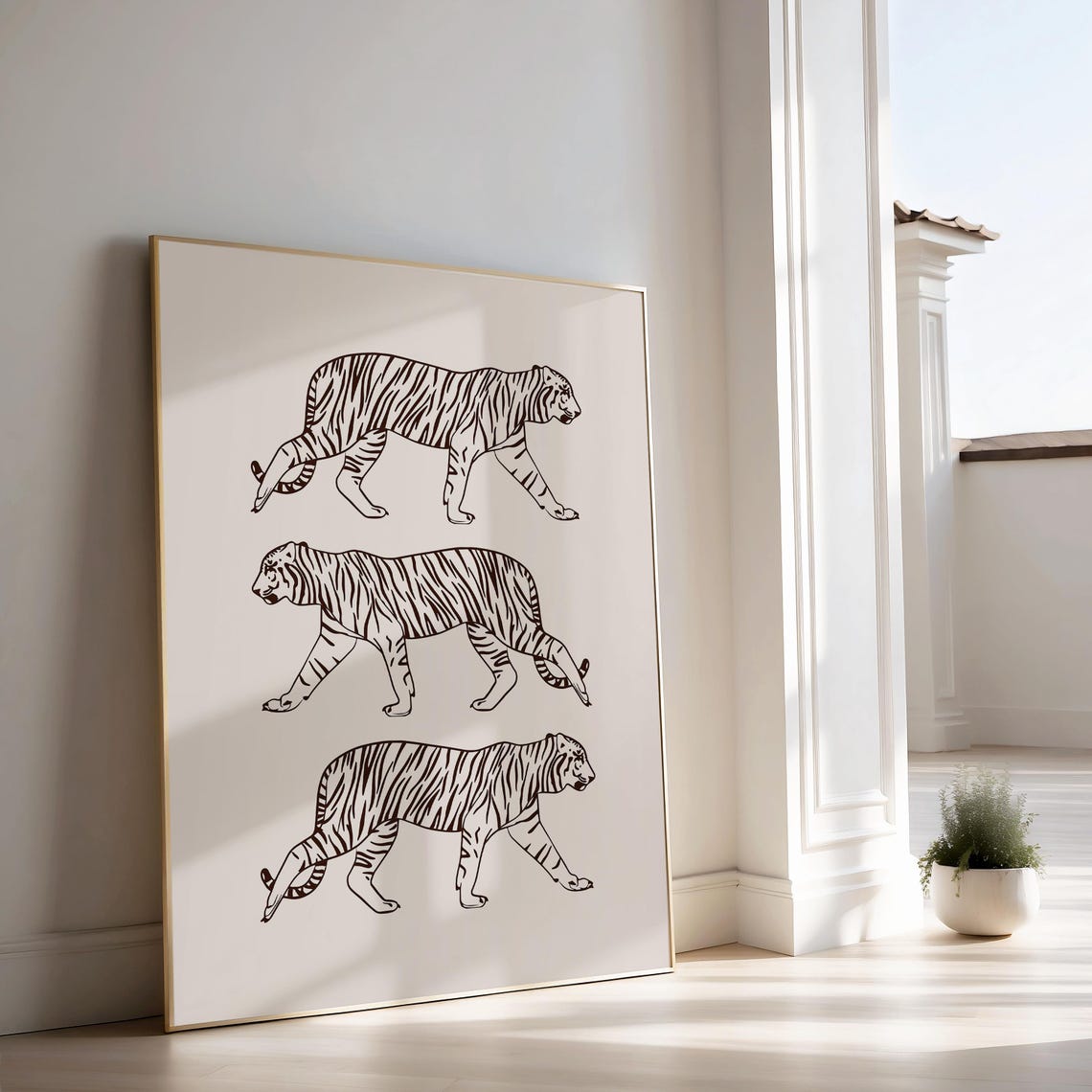 Three Black Line Art Tigers Minimalist Walking Tiger Study Poster - Image 2