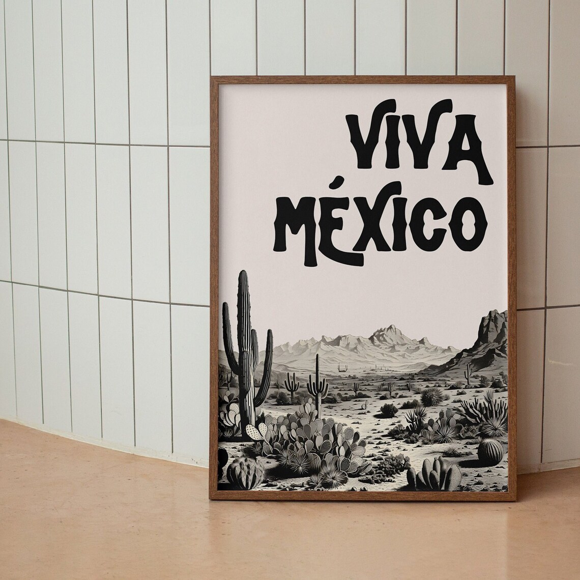 Viva Mexico Poster Black and White Desert Cactus Landscape Decor