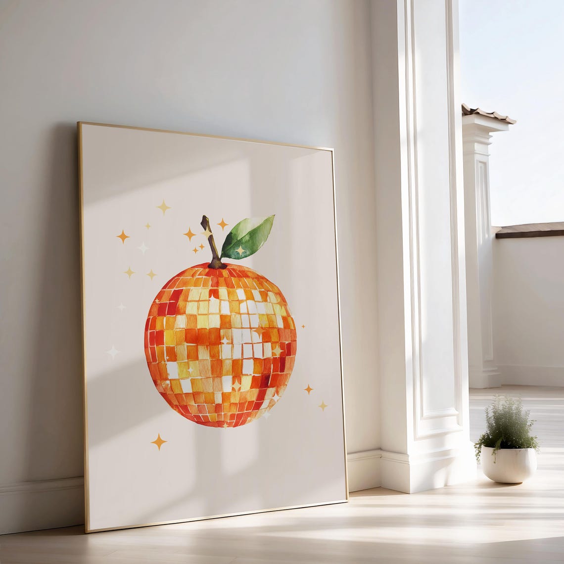Fun Orange Disco Ball Fruit Watercolor Sparkle Dopamine Poster - Image 2