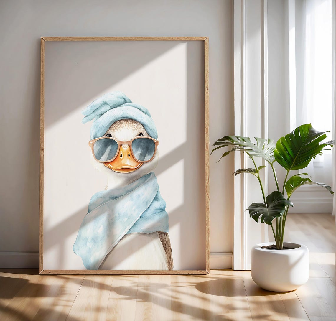 Duck in Towel Turban Sunglasses Cute Watercolor Nursery Poster