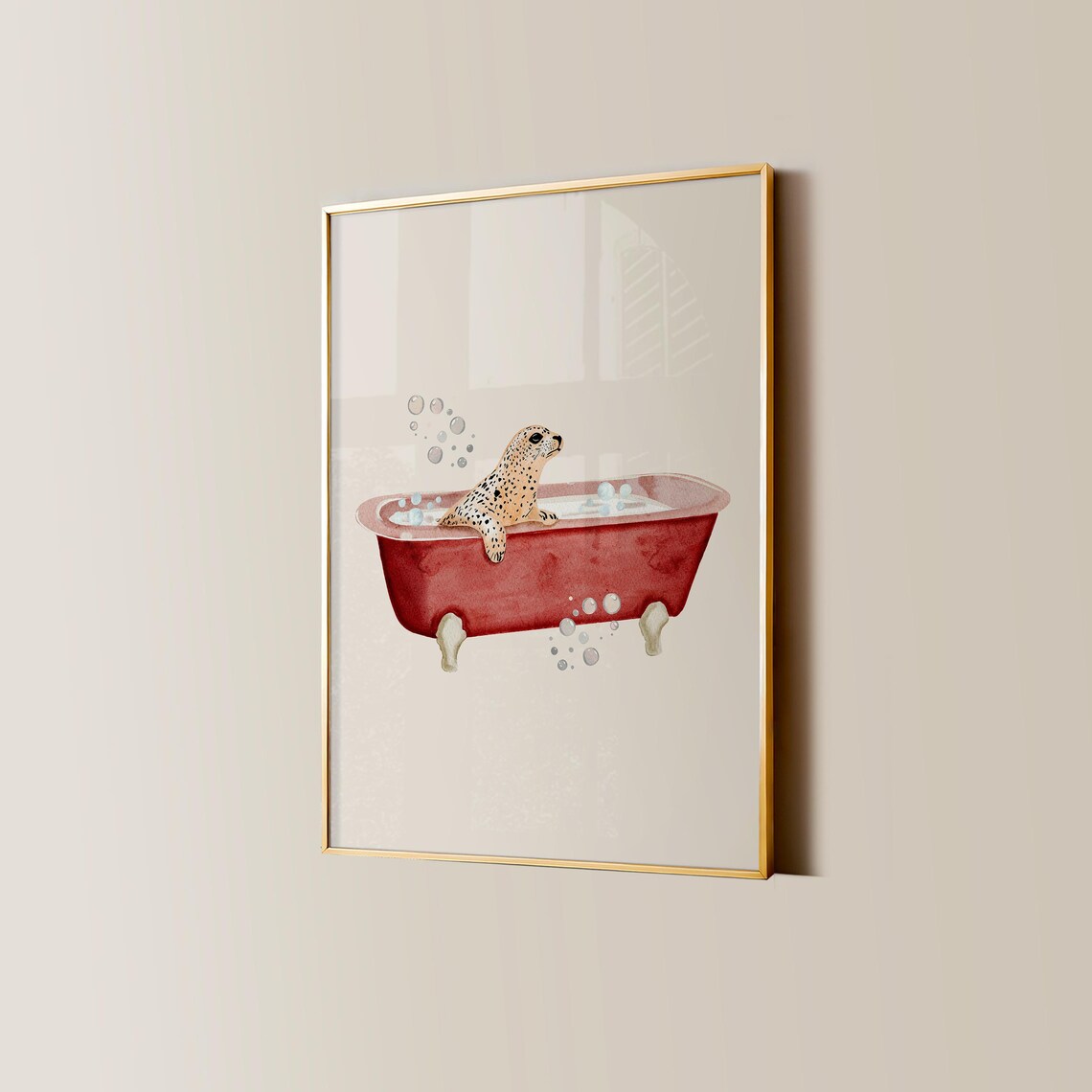 Spotted Seal in a Red Bathtub Funny Watercolor Bathroom Poster - Image 5