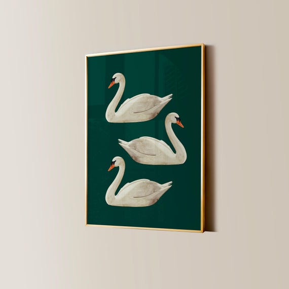 Swan Print Emerald Green Print Watercolor Swan Painting Dark Academia Art Vintage Aesthetic Moody Wall Art Elegant Wall Art Bird Art