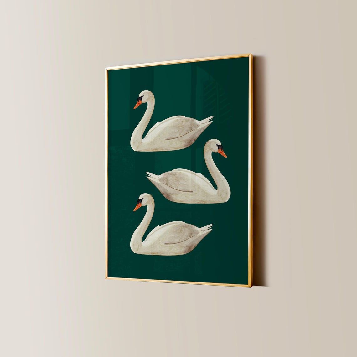 Three White Swans on Emerald Green Watercolor Poster Elegant Art