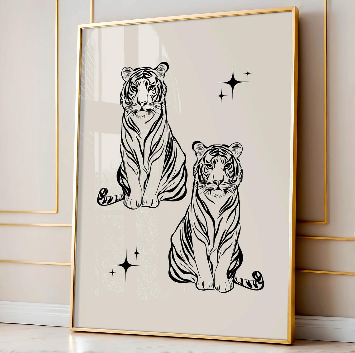 Two Tigers Black Line Art Poster with Sparkles Maximalist Decor - Image 5