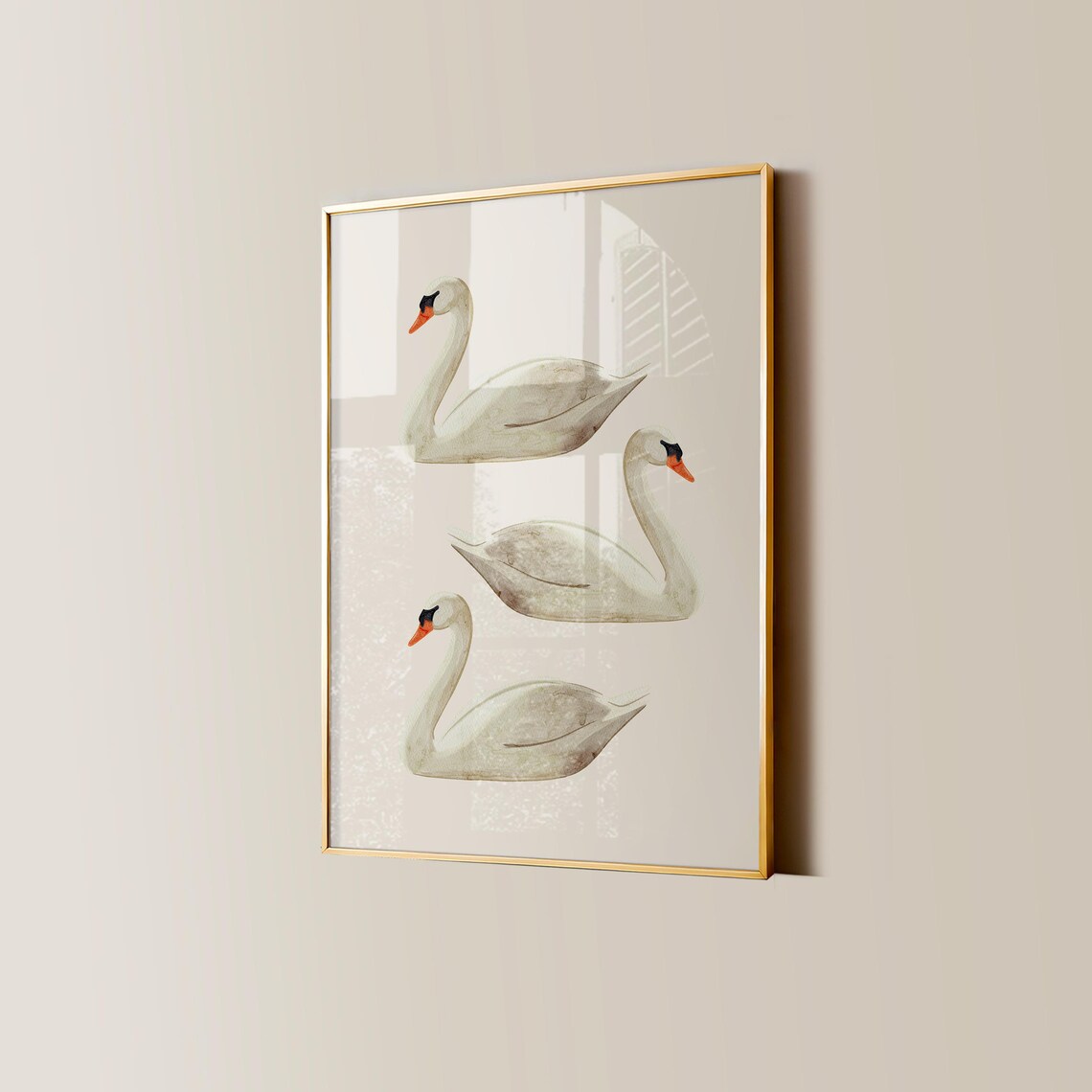 Three White Swans Watercolor Bird Painting Neutral Poster for Walls