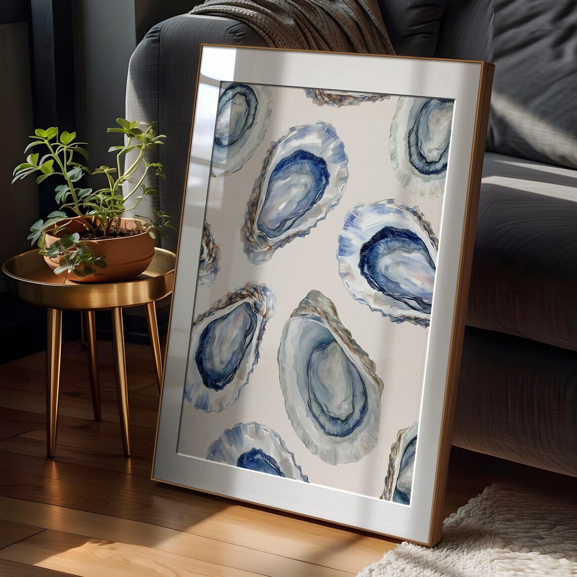 Beachy Blue Watercolor Oyster Shells Coastal Seafood Art Poster - Image 2