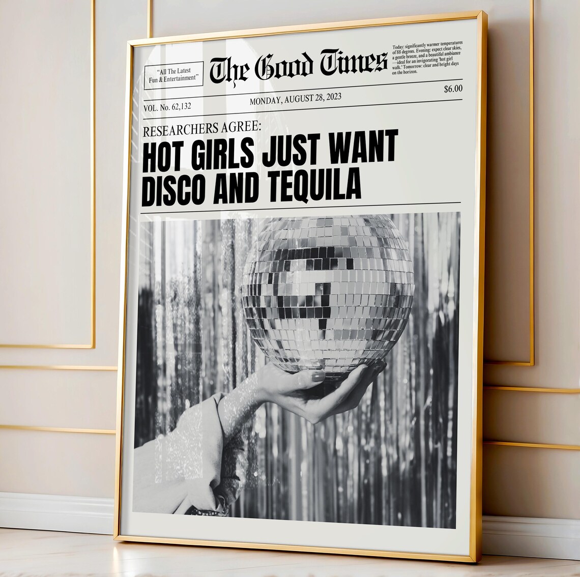Hot Girls Just Want Disco And Tequila Newspaper Headline Disco Ball Poster