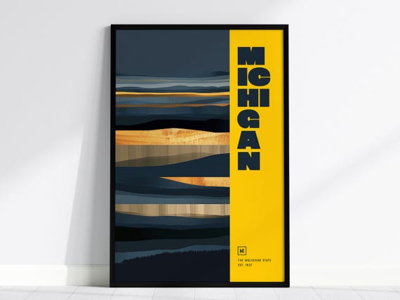 Michigan Wolverine State Art Print Gold Blue Abstract Poster