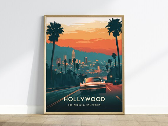 Hollywood Los Angeles California Sunset Vintage Travel Poster Art