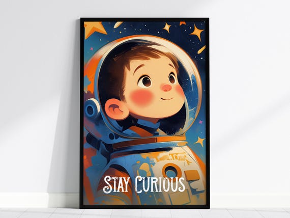 Stay Curious Boy Astronaut Portrait Retro Outer Space Nursery Wall Art