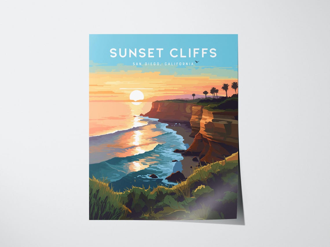 Sunset Cliffs San Diego California Ocean Sunset View Travel Poster