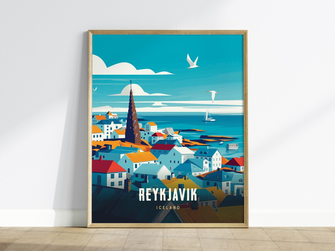 Reykjavik Iceland Harbor Town Church Spire Vintage Travel Poster