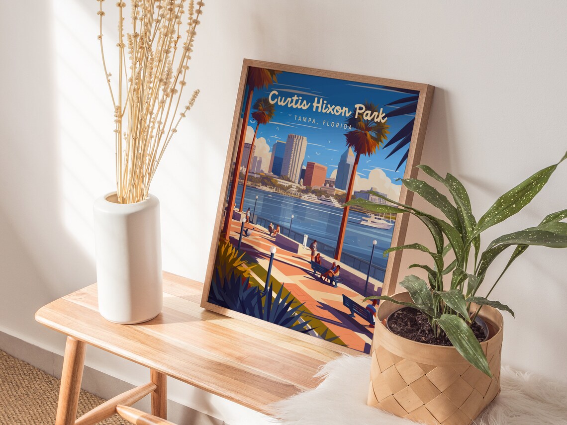 Curtis Hixon Park Tampa Florida Riverfront Skyline Vintage Poster - Image 3