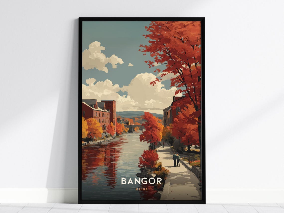 Bangor Maine Autumn River Fall Foliage New England Travel Poster