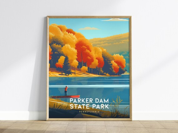 Parker Dam State Park Pennsylvania Autumn Lake Travel Poster Fisherman Art