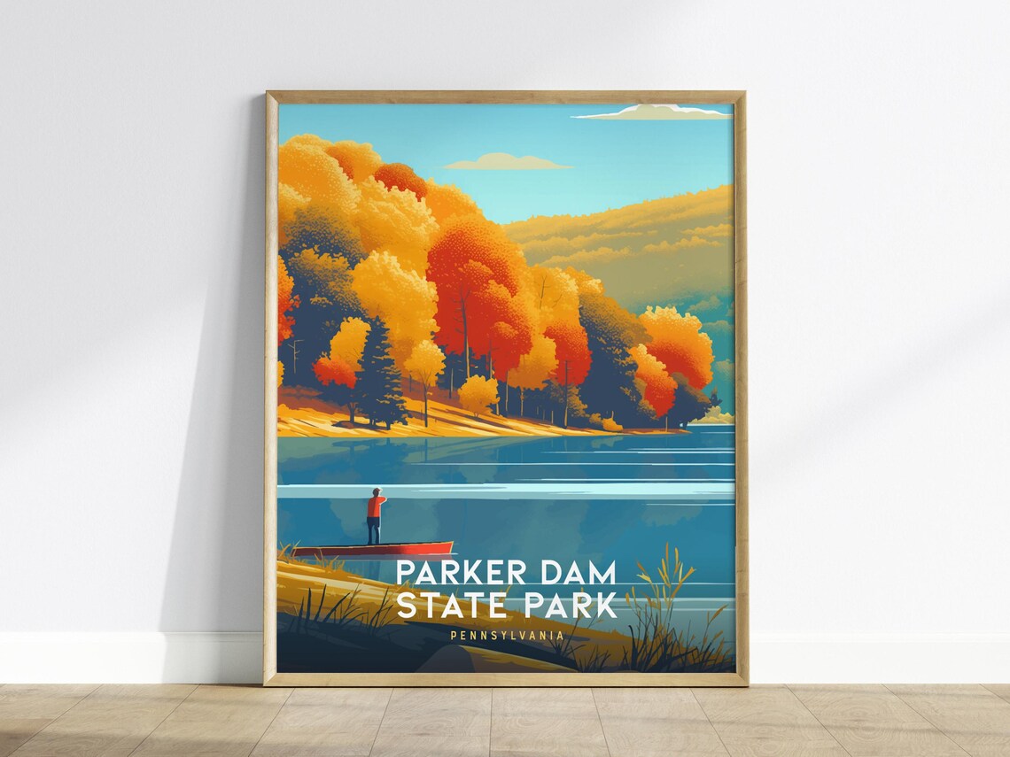 Parker Dam State Park Pennsylvania Autumn Lake Travel Poster Fisherman Art