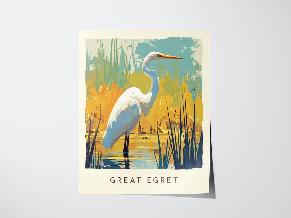 Great Egret Heron Marsh Wildlife Vintage Bird Illustration Print