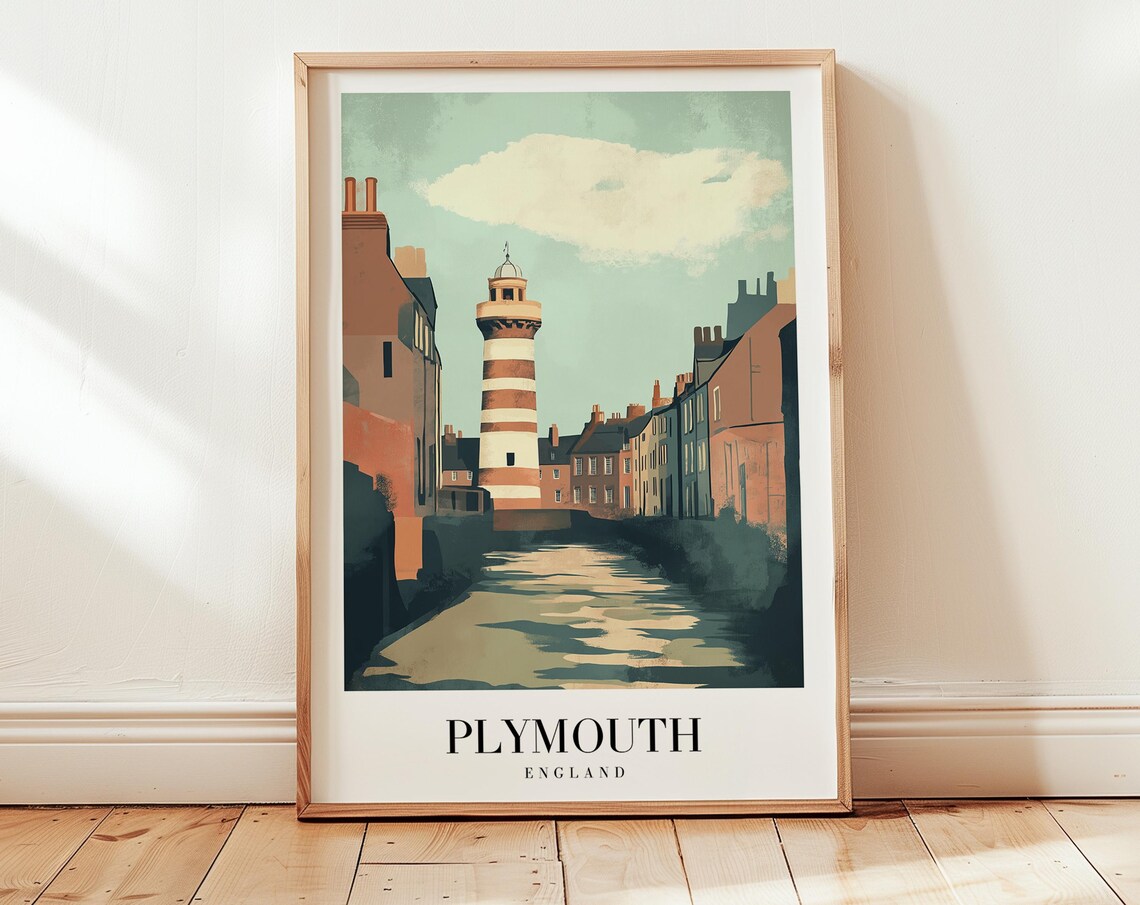 Plymouth England Lighthouse Harbour Street Vintage Travel Poster Art