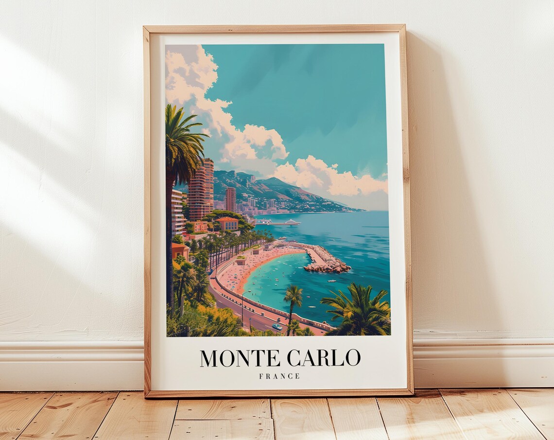 Monte Carlo French Riviera Beach Coast Palm View Retro Travel Poster