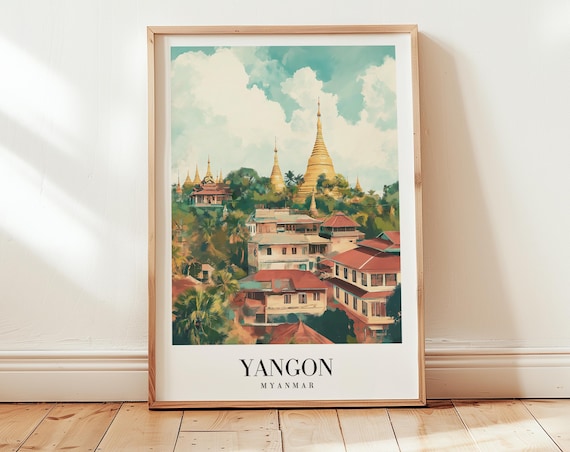 Yangon Myanmar Golden Stupa Vintage Warm Minimalist Dreamy Travel Poster
