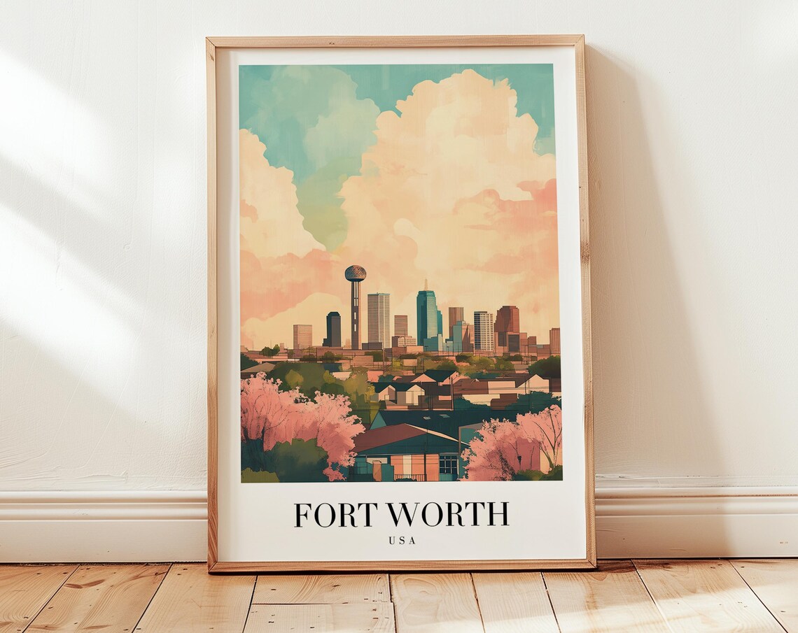 Fort Worth Skyline Towering Clouds Vintage Style Travel Poster Gift