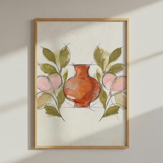 Terracotta Vase Botanical Sketch Minimalist Ink Floral Artwork Poster