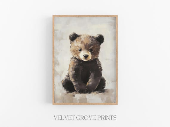 Baby Bear Oil Painting Vintage Nursery Art Print