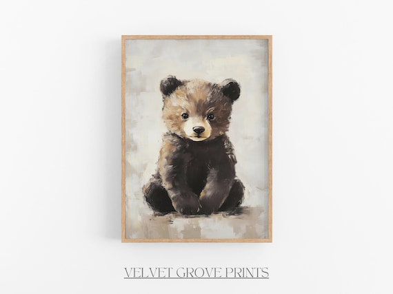 Sweet Baby Bear Cub Vintage Oil Painting Nursery Animal Print