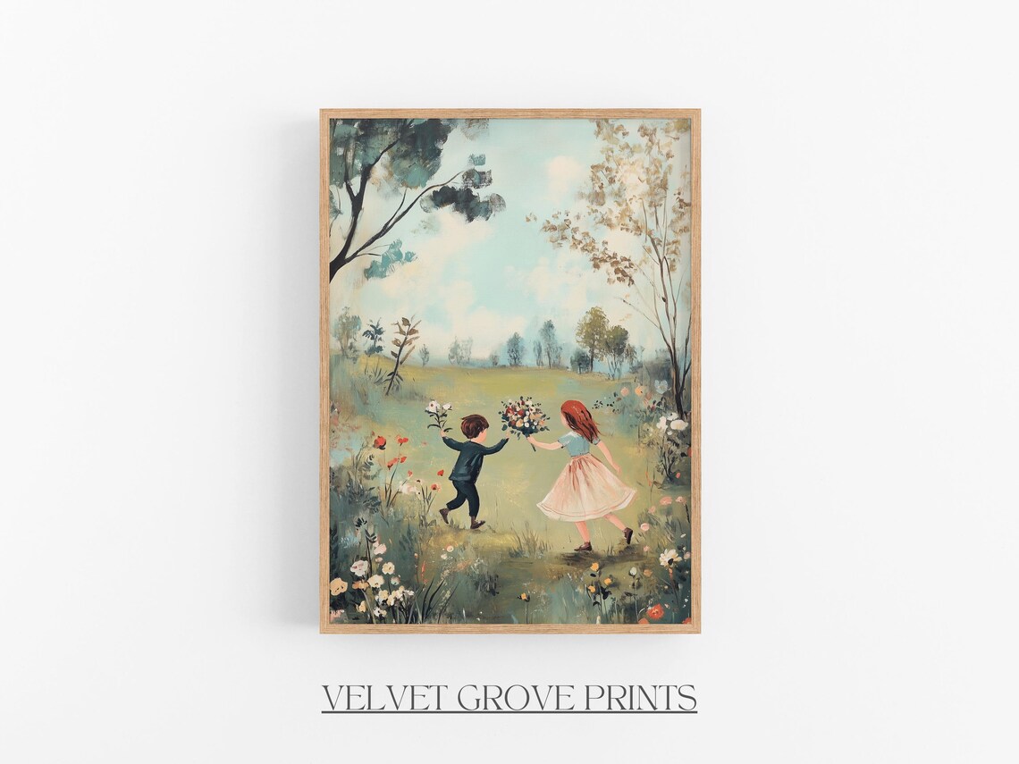 Children Picking Wildflowers Vintage Meadow Friendship Painting Poster