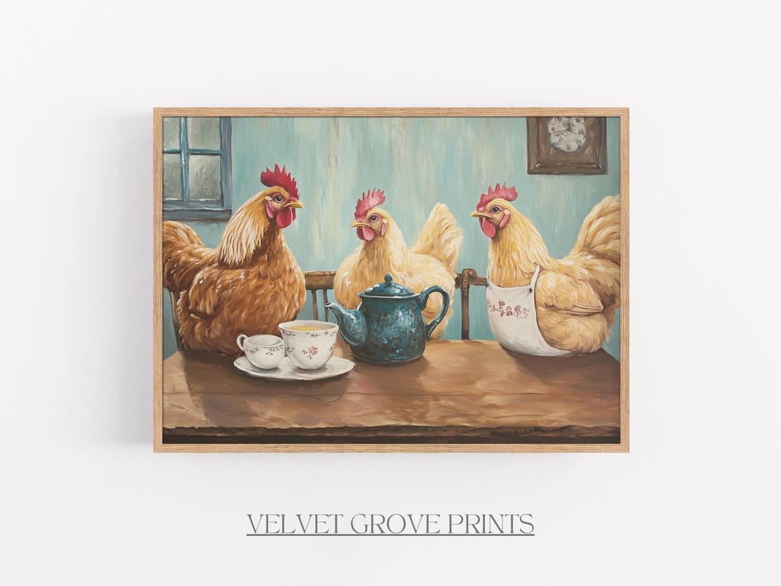 Three Hens Having Afternoon Tea Funny Chicken Tea Party Poster