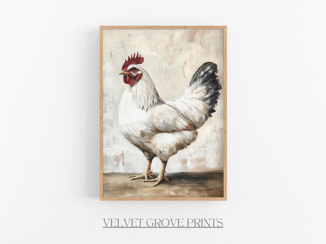 White Rooster Oil Painting Vintage Farmhouse Kitchen Wall Poster