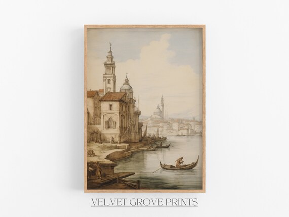 Vintage River Scene Sketch Charming Old European Cityscape Art Print