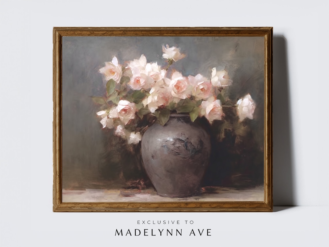 Pale Roses in Dark Vase Moody Floral Still Life Art Wall Poster