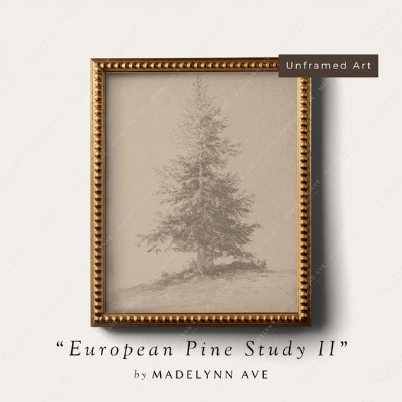 Vintage Style Pine Tree Gicle Art Print Unframed Vertical Neutral Christmas Wall Art Subtle Moody Antiqued Winter Holiday Decor