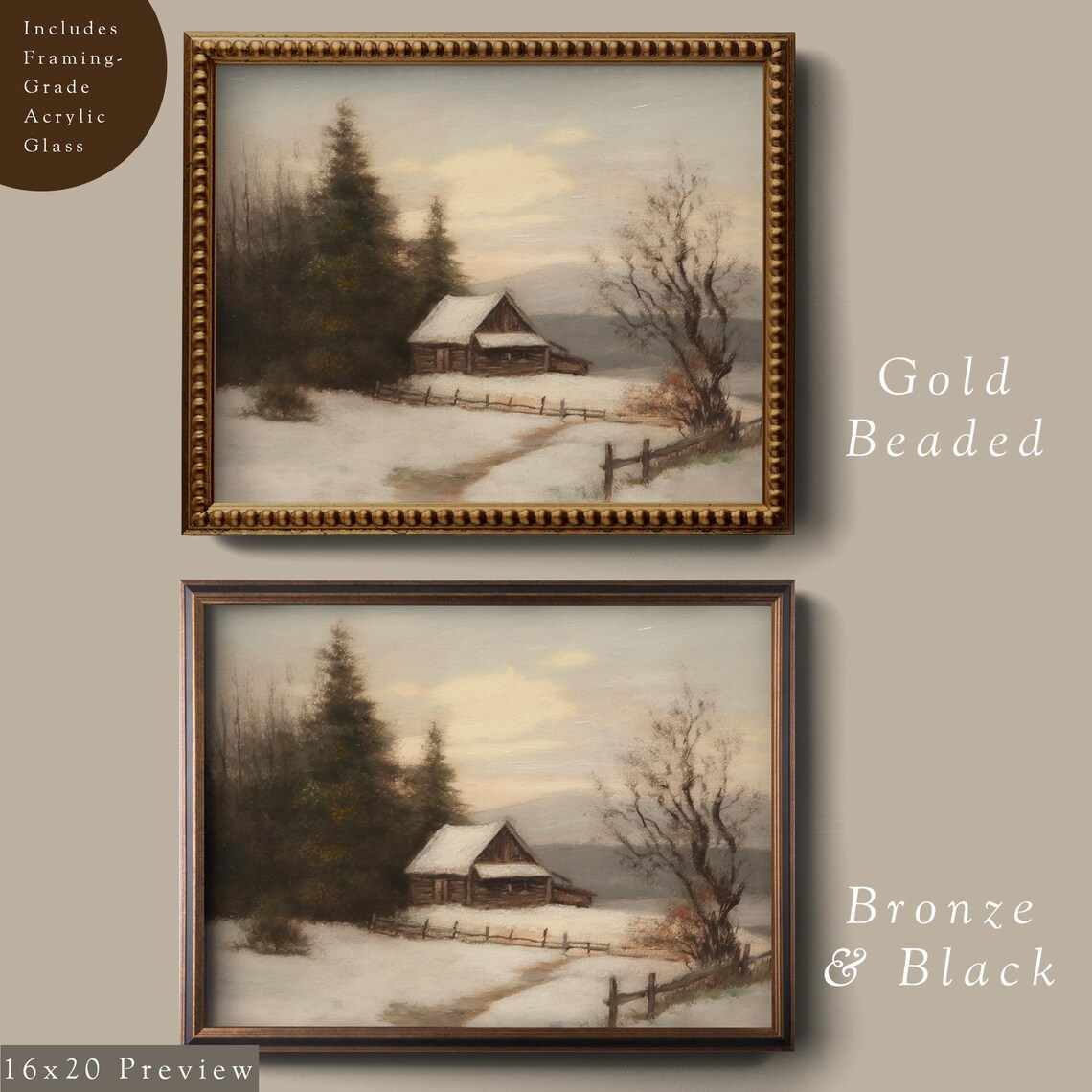 Snowy Winter Cabin Vintage Christmas Painting Holiday Scene Poster - Image 4