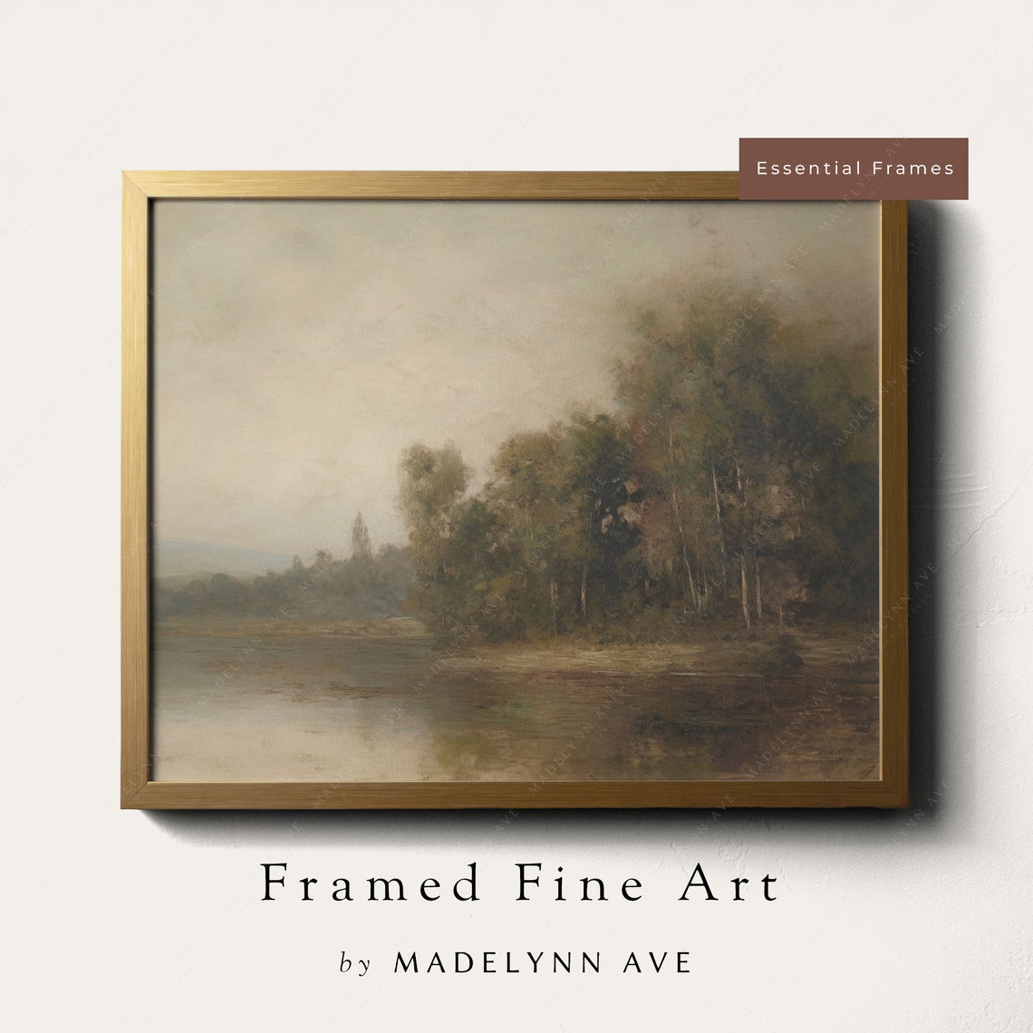 Framed Vintage Landscape Oil Painting Art Print Country Lakeside Cottage Style Moody Artwork Real Wood Frame Wall Art
