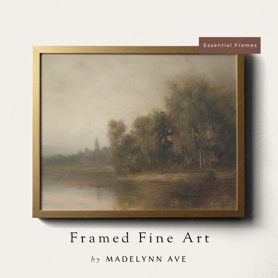 Framed Vintage Landscape Oil Painting Art Print Country Lakeside Cottage Style Moody Artwork Real Wood Frame Wall Art